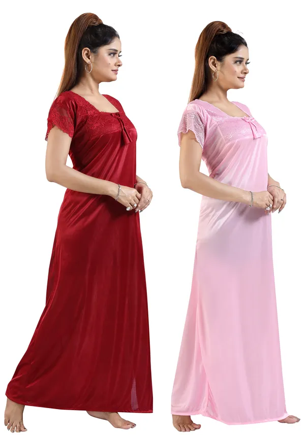 Pack_of_2__Maroon+_Baby_Pink_Satin_Solid_Honeymoon_Nighty_Combo/Regular_Nighty