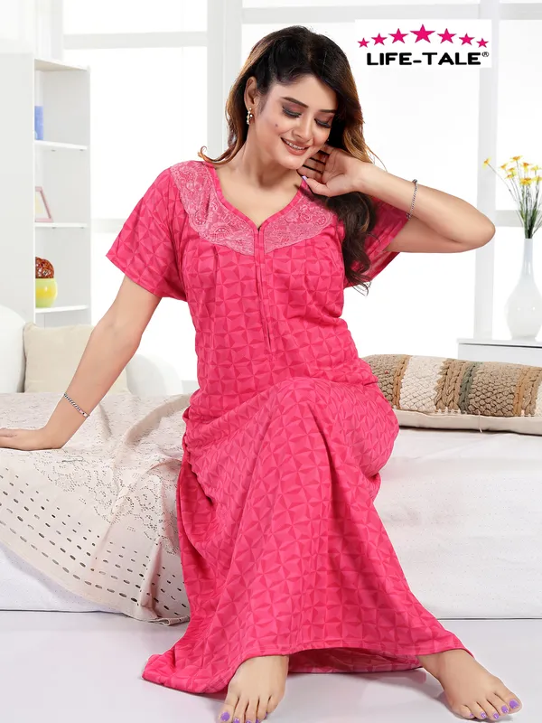 LIFE-TALE_Pink_Satin_Checkered_Regular_Maternity_&_Nursing_Nighty_For_Women