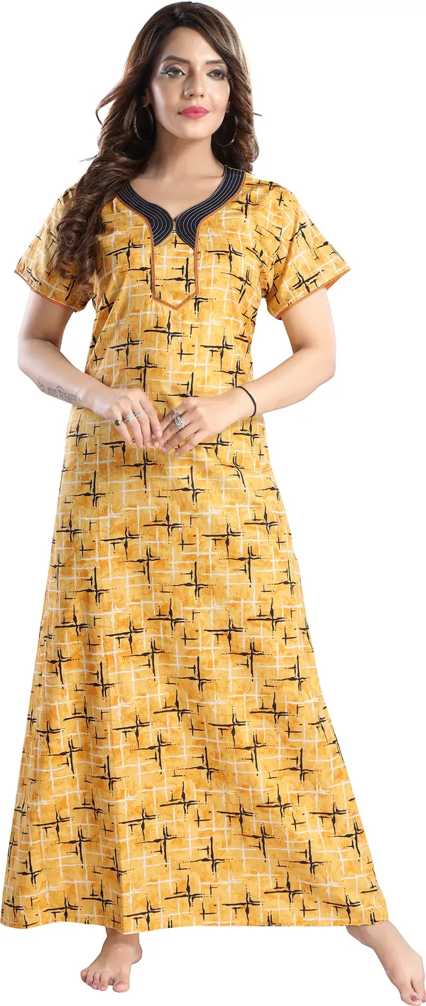 Yellow_&_Black_Cotton_Floral_Regular_Nighty_For_Women