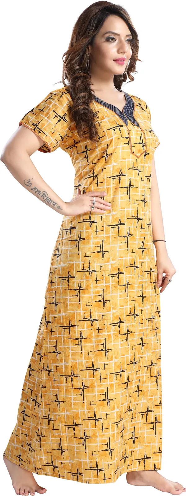 Yellow_&_Black_Cotton_Floral_Regular_Nighty_For_Women