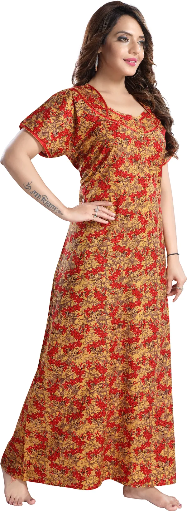 Yellow_Cotton_Floral_Regular_Nighty_For_Women