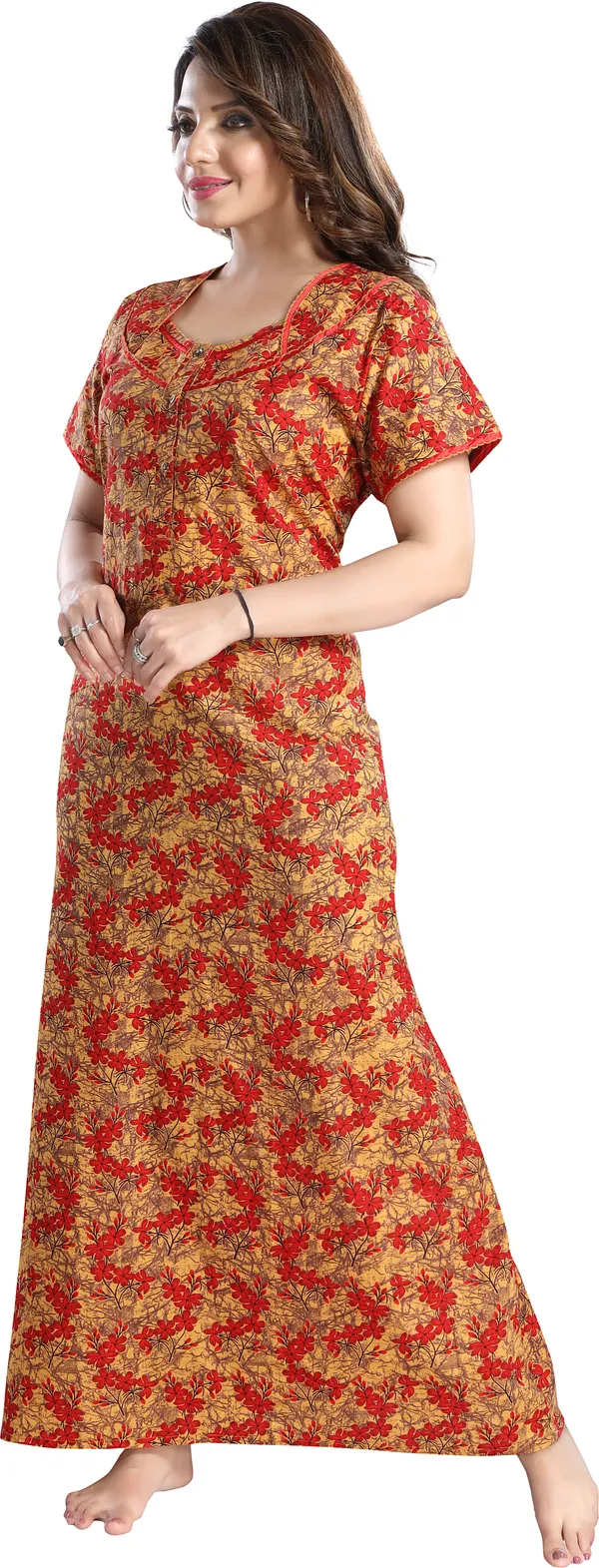 Yellow_Cotton_Floral_Regular_Nighty_For_Women