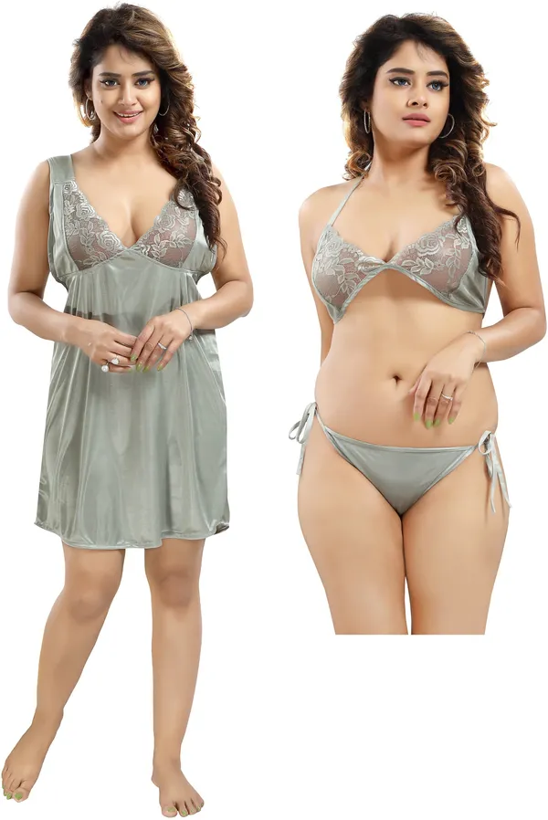 LIFE-TALE_3-Piece_Light_Green_Satin_Lace_Honeymoon_Nighty_Set_For_Women(Baby_Doll_Nighty)
