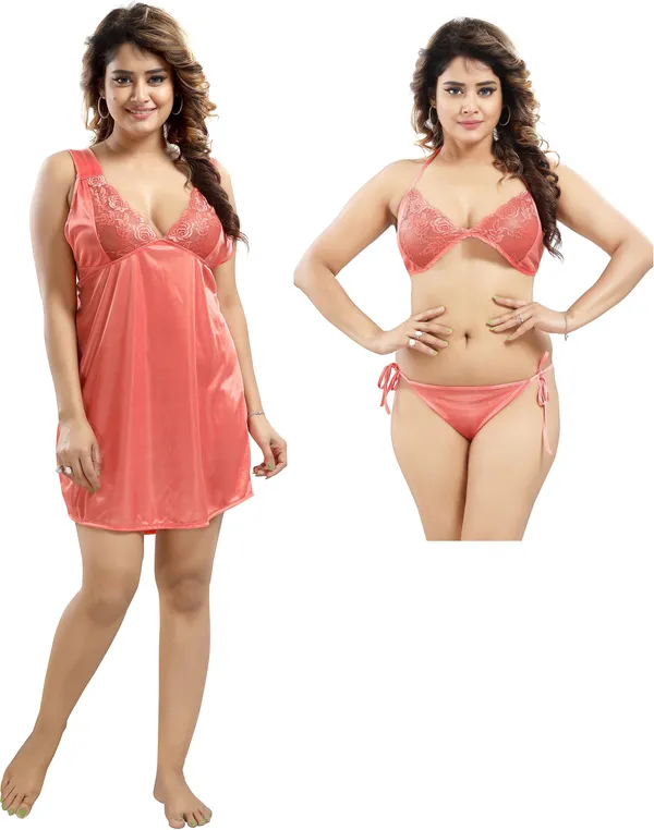 LIFE-TALE_3-Pc_Peach_Satin_Lace_Honeymoon_Nighty_Set_For_Women(Baby_Doll_Nighty)