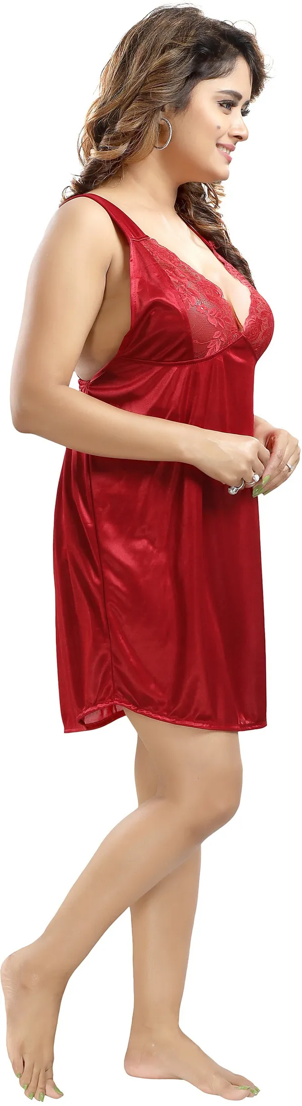 LIFE-TALE_3-Piece_Maroon_Satin_Lace_Honeymoon_Nighty_Set_For_Women(Baby_Doll_Nighty)