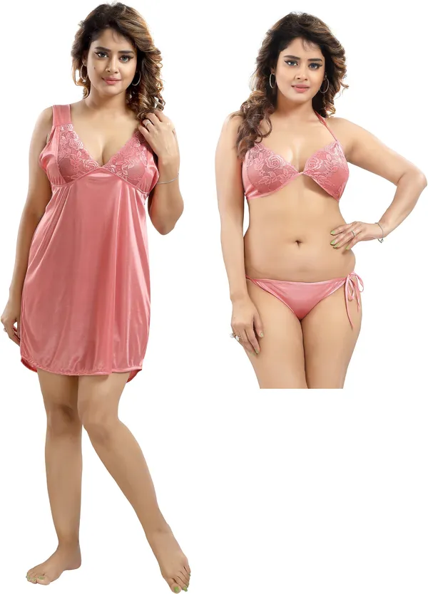 LIFE-TALE_3-Piece_Blossom_Satin_Lace_Honeymoon_Nighty_Set_For_Women(Baby_Doll)
