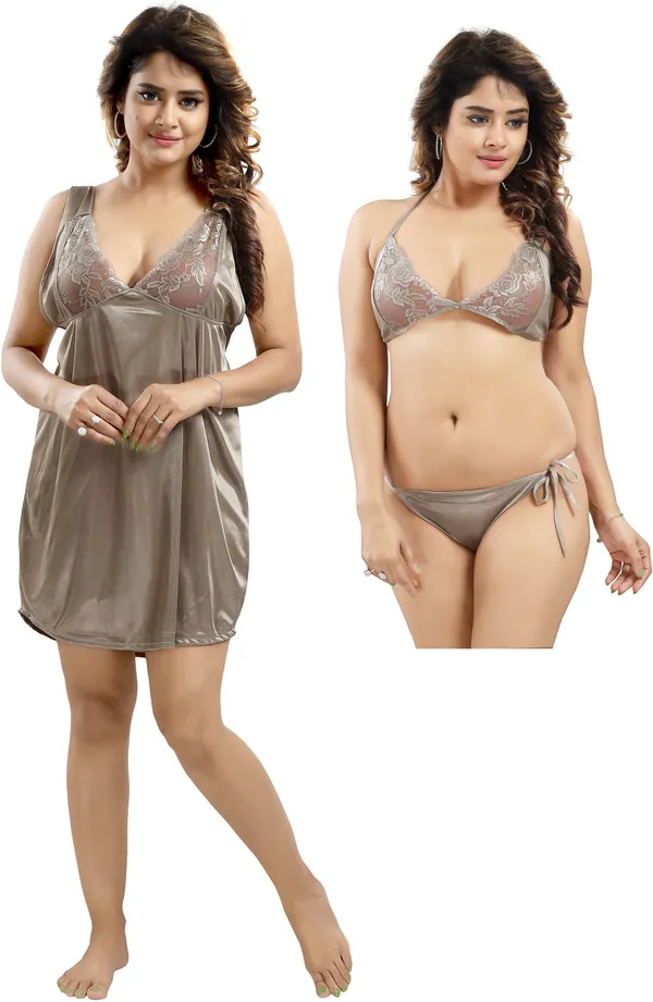 LIFE-TALE_3-Piece_Brown_Satin_Lace_Honeymoon_Nighty_Set_For_Women(Baby_Doll)