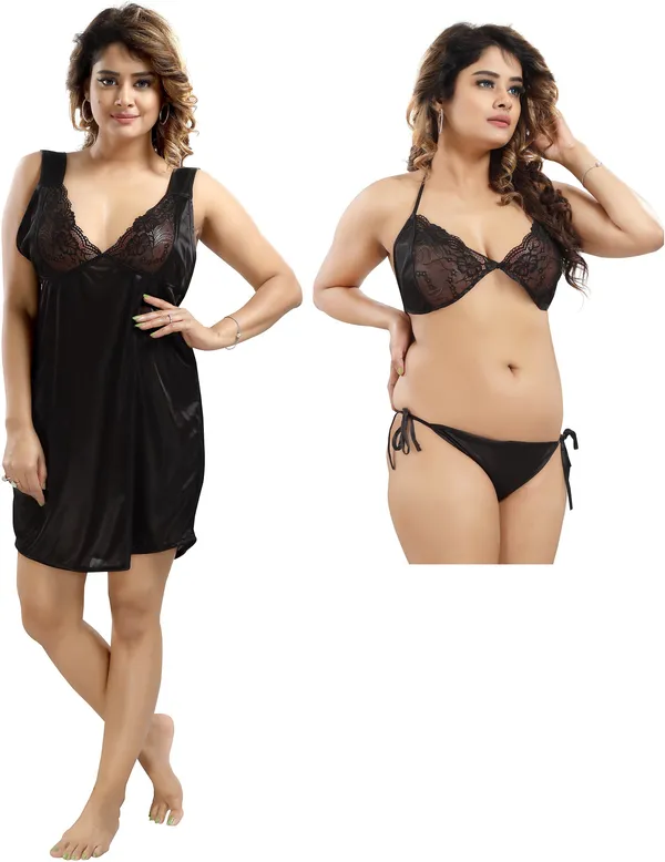 LIFE-TALE_3-Piece_Black_Satin_Lace_Honeymoon_Nighty_Set_For_Women(Baby_Doll)