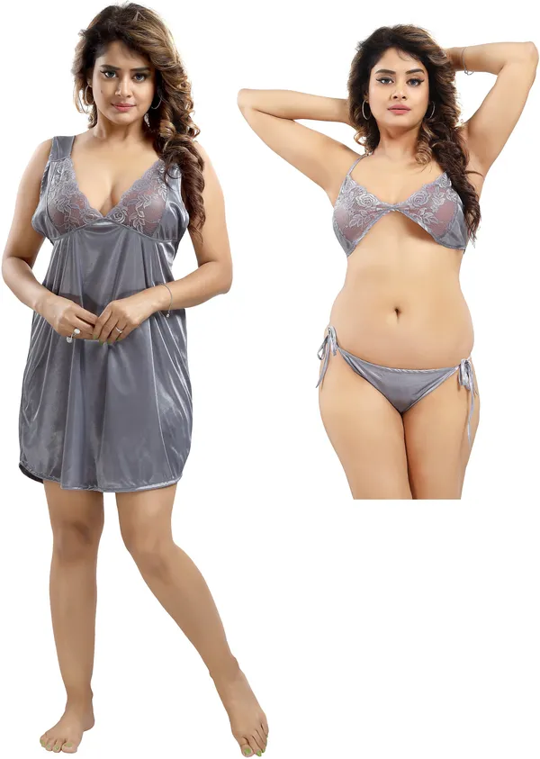 LIFE-TALE_3-Piece_Grey_Satin_Lace_Honeymoon_Nighty_Set_For_Women(Baby_Doll)
