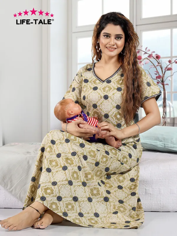 Brown_Cotton_Printed_Regular_Maternity_&_Nursing_Nighty_For_Women