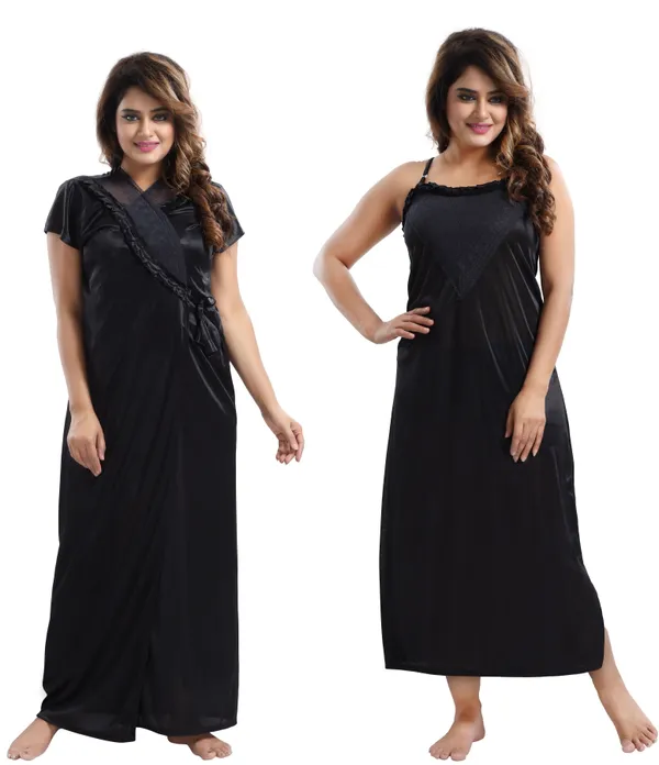 Black_Satin_2_Pc_Bridal_Nighty/Honeymoon/Regular_Nighty_with_Robe(Pack_of_2)