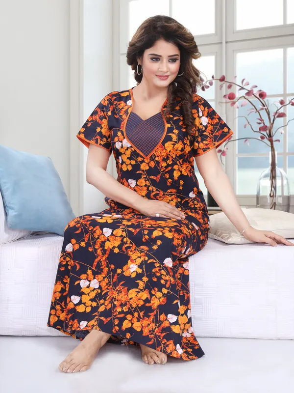 Orange_Cotton_Floral_Regular_Nighty_For_Women