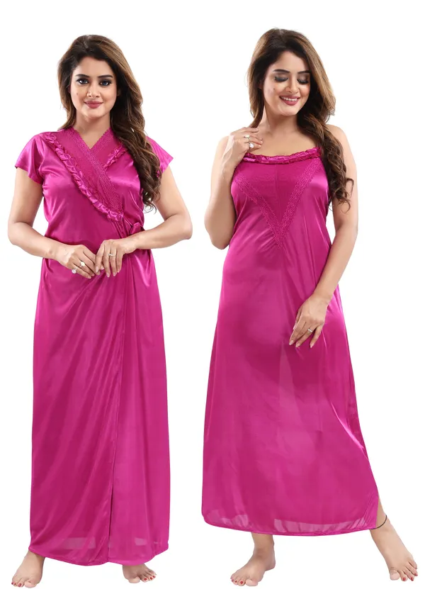 Dark_Pink_Satin_2_Pc_Bridal_Nighty/Honeymoon/Regular_Nighty_with_Robe(Pack_of_2)
