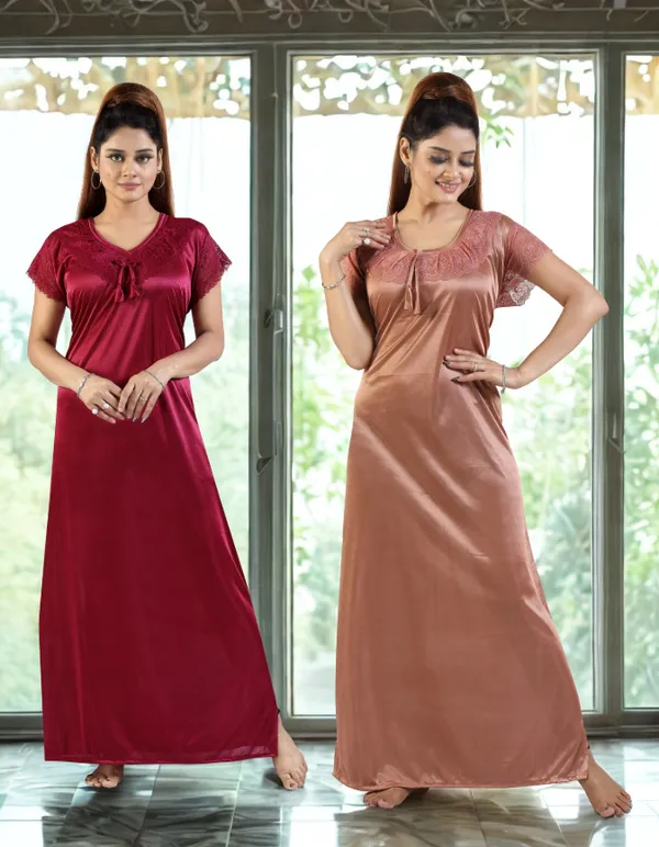 Pack_of_2__Wine+Beige_Satin_Solid_Honeymoon/Regular_Nighty_Combo