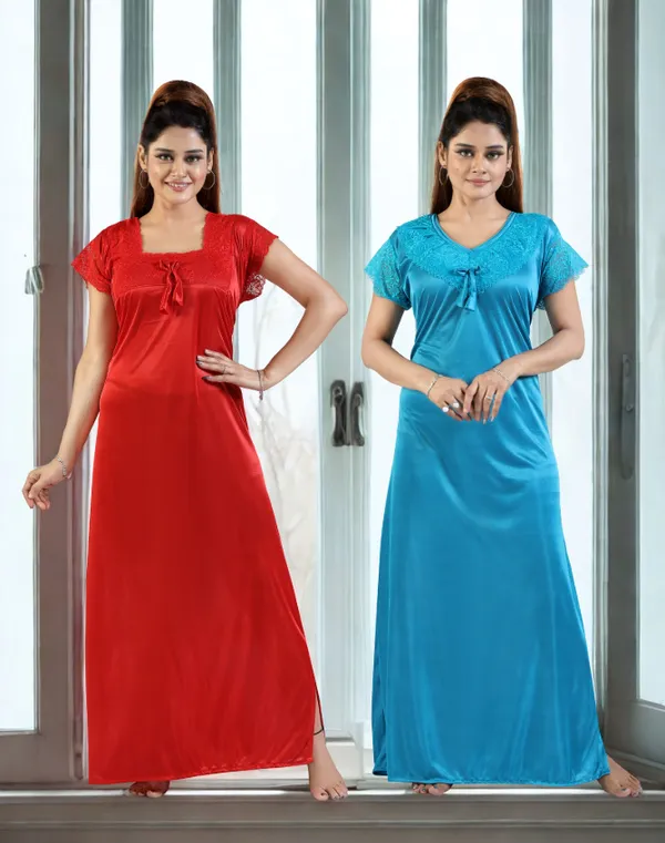 Pack_of_2__Red+Blue_Satin_Solid_Honeymoon/Regular_Nighty_Combo