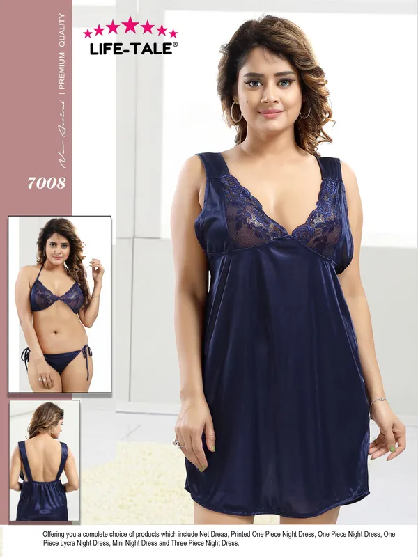 LIFE-TALE_3-Piece_Navy_Blue_Satin_Lace_Bridal/Honeymoon_Nighty_Set_For_Women