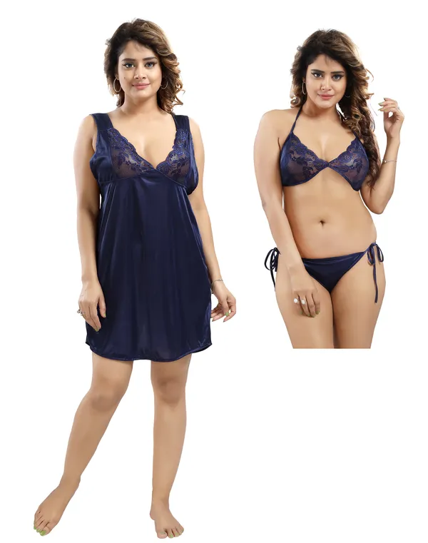 LIFE-TALE_3-Piece_Navy_Blue_Satin_Lace_Bridal/Honeymoon_Nighty_Set_For_Women