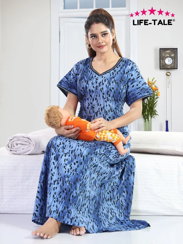 LIFE-TALE_Cotton_Feeding/Maternity_Nighty_for_women(Blue)