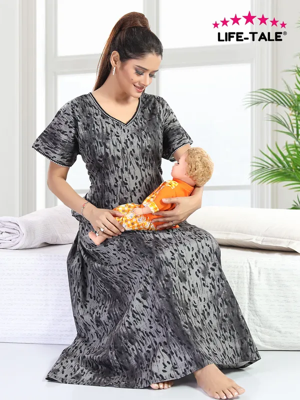 LIFE-TALE_Cotton_Feeding/Maternity_Nighty_for_women(Grey)