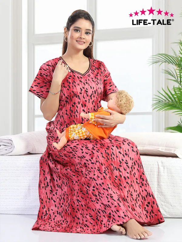 LIFE-TALE_Cotton_Feeding/Maternity_Nighty_for_women(Red)