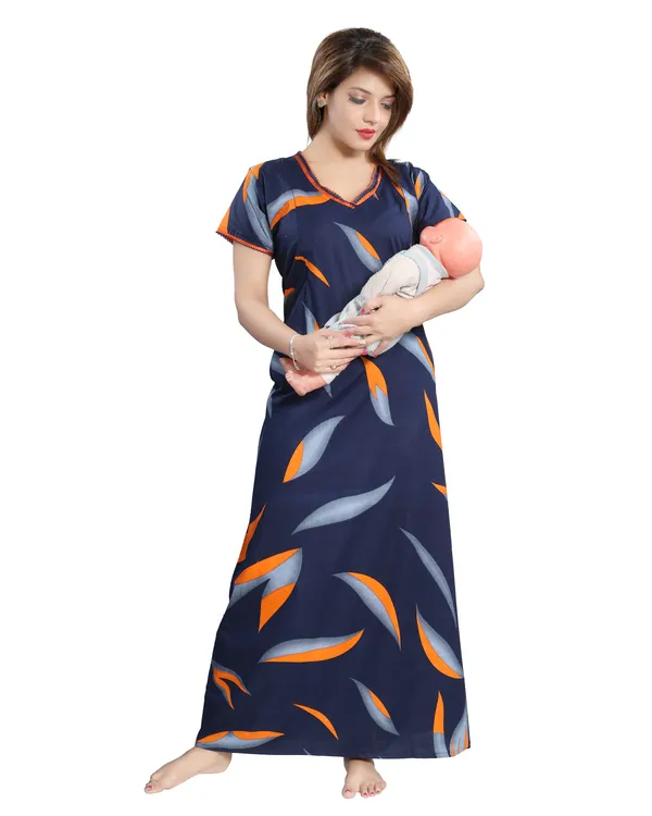 LIFE-TALE_Women's_Cotton_Feeding/Maternity_Nighty/Night_Dress(Navy_Blue)(Orange)