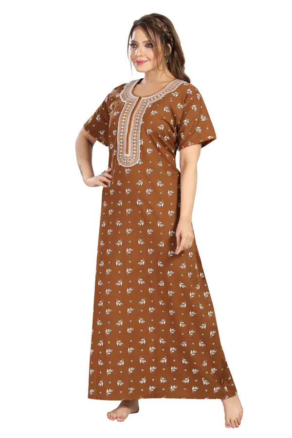 Brown_Cotton_Long_Zip_Feeding_Regular_Nighty_For_Women