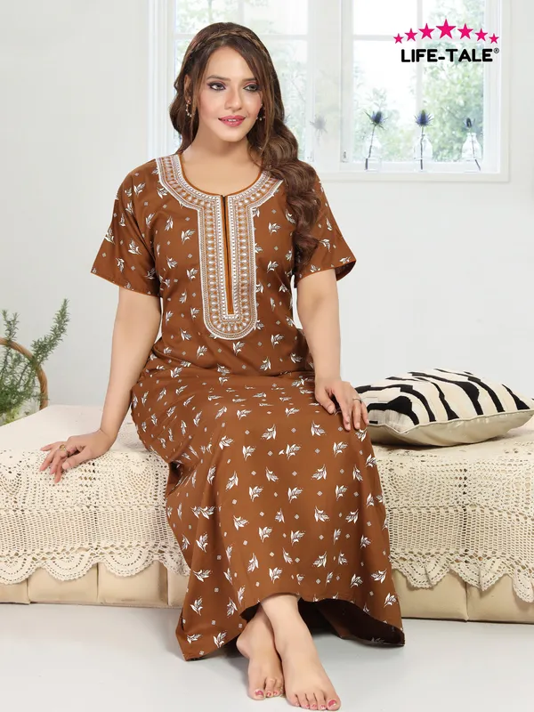 Brown_Cotton_Long_Zip_Feeding_Regular_Nighty_For_Women