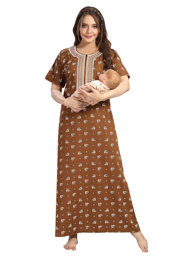 Brown_Cotton_Long_Zip_Feeding_Regular_Nighty_For_Women