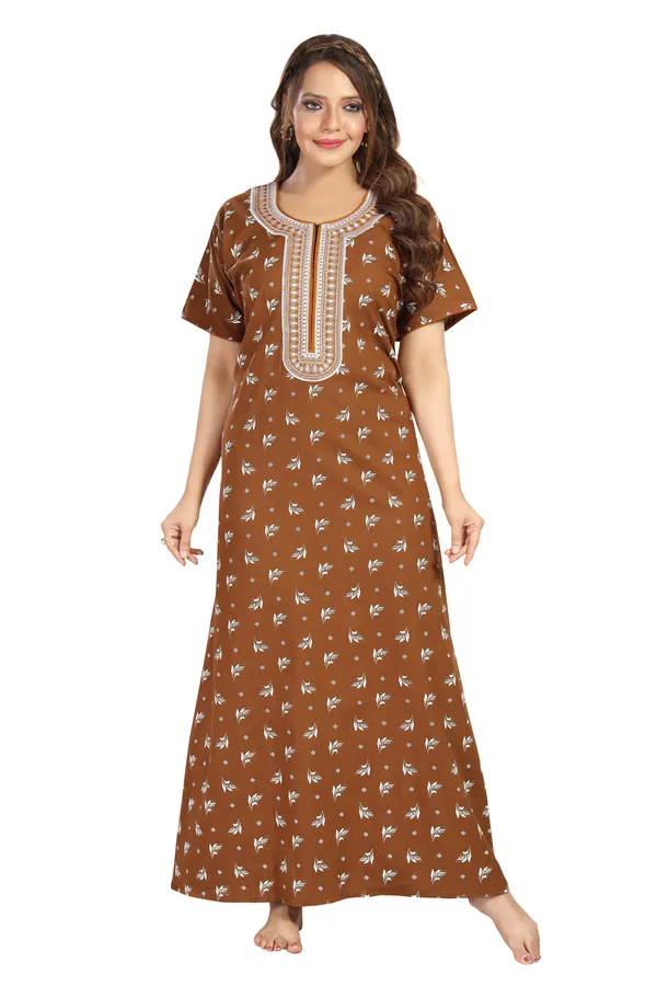 Brown_Cotton_Long_Zip_Feeding_Regular_Nighty_For_Women