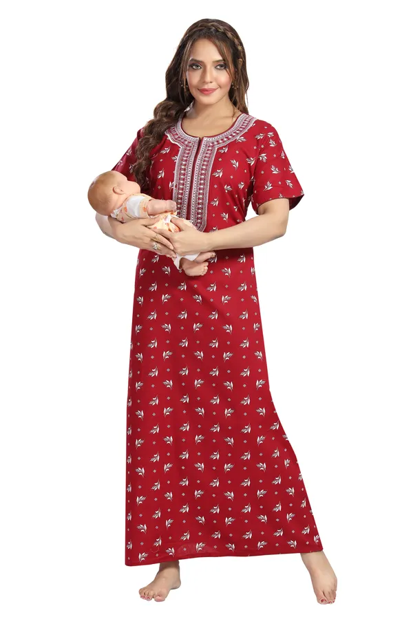 Maron_Cotton_Long_Zip_Feeding_Regular_Nighty_For_Women