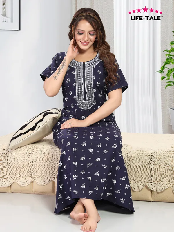 Navy_Blue_Cotton_Long_Zip_Feeding_Regular_Nighty_For_Women