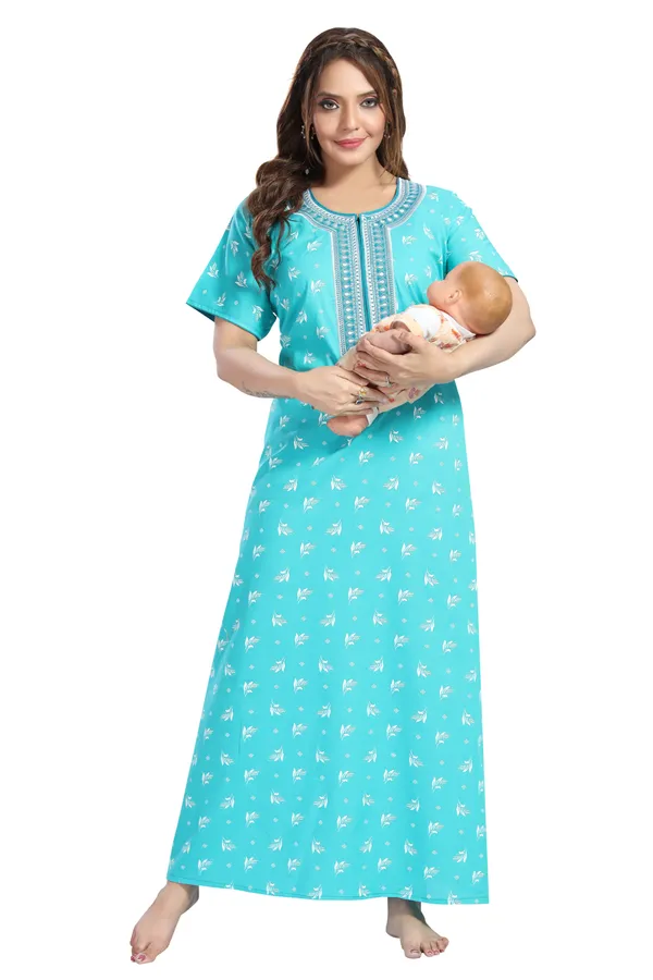 Sky_Blue_Cotton_Long_Zip_Feeding_Regular_Nighty_For_Women