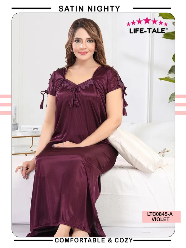 LIFE-TALE_Women's_Fancy_Satin_Nighty/Night_Gown/Night_Dress(Violet)