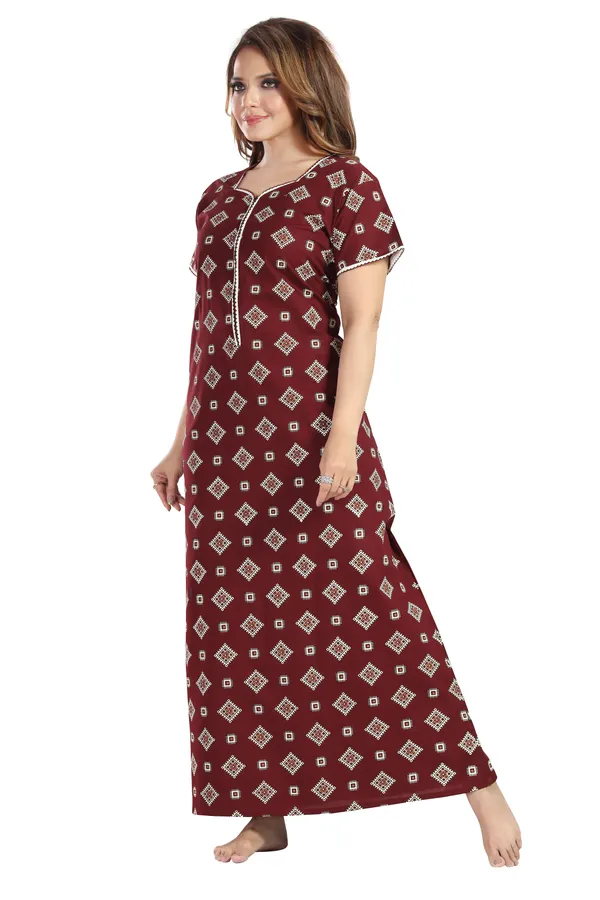 Maroon_Cotton_Square_Print_Long_Zip_Feeding_Regular_Nighty_For_Women