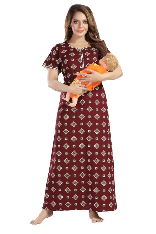 Maroon_Cotton_Square_Print_Long_Zip_Feeding_Regular_Nighty_For_Women