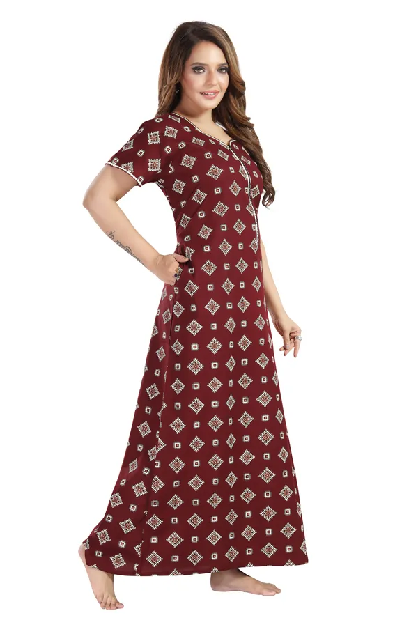 Maroon_Cotton_Square_Print_Long_Zip_Feeding_Regular_Nighty_For_Women