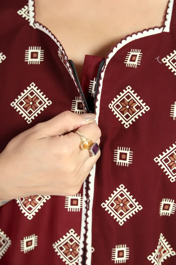 Maroon_Cotton_Square_Print_Long_Zip_Feeding_Regular_Nighty_For_Women