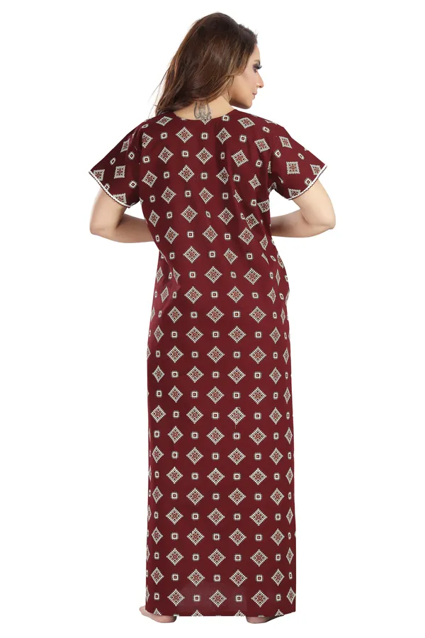 Maroon_Cotton_Square_Print_Long_Zip_Feeding_Regular_Nighty_For_Women