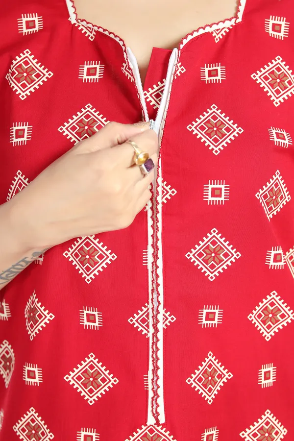Red_Cotton_Square_Print_Long_Zip_Feeding_Regular_Nighty_For_Women