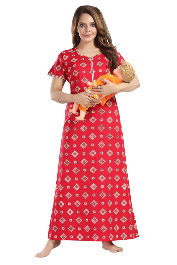 Red_Cotton_Square_Print_Long_Zip_Feeding_Regular_Nighty_For_Women