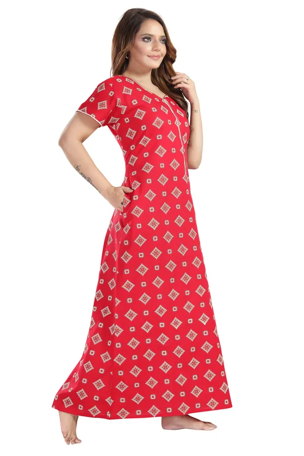 Red_Cotton_Square_Print_Long_Zip_Feeding_Regular_Nighty_For_Women