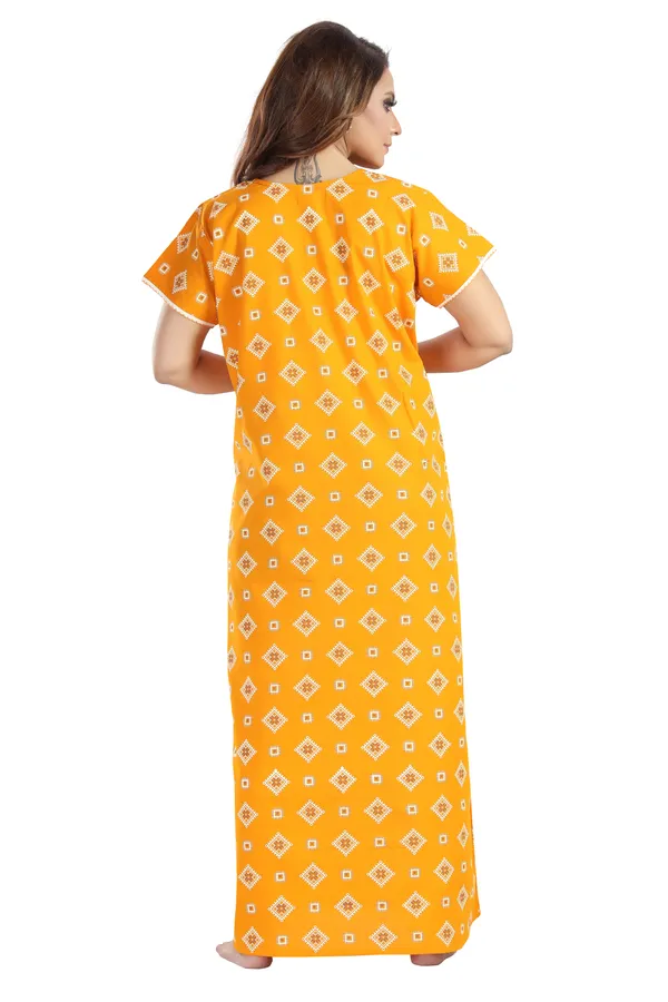 Yellow_Cotton_Square_Print_Long_Zip_Feeding_Regular_Nighty_For_Women