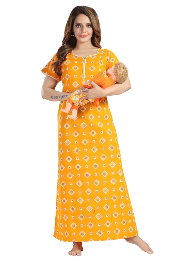 Yellow_Cotton_Square_Print_Long_Zip_Feeding_Regular_Nighty_For_Women