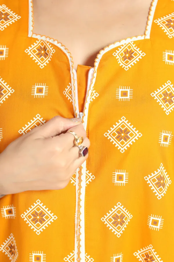 Yellow_Cotton_Square_Print_Long_Zip_Feeding_Regular_Nighty_For_Women
