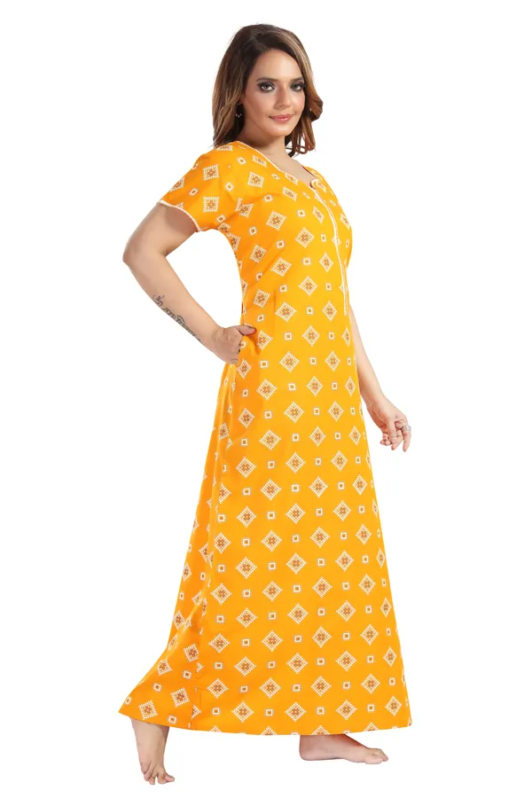 Yellow_Cotton_Square_Print_Long_Zip_Feeding_Regular_Nighty_For_Women