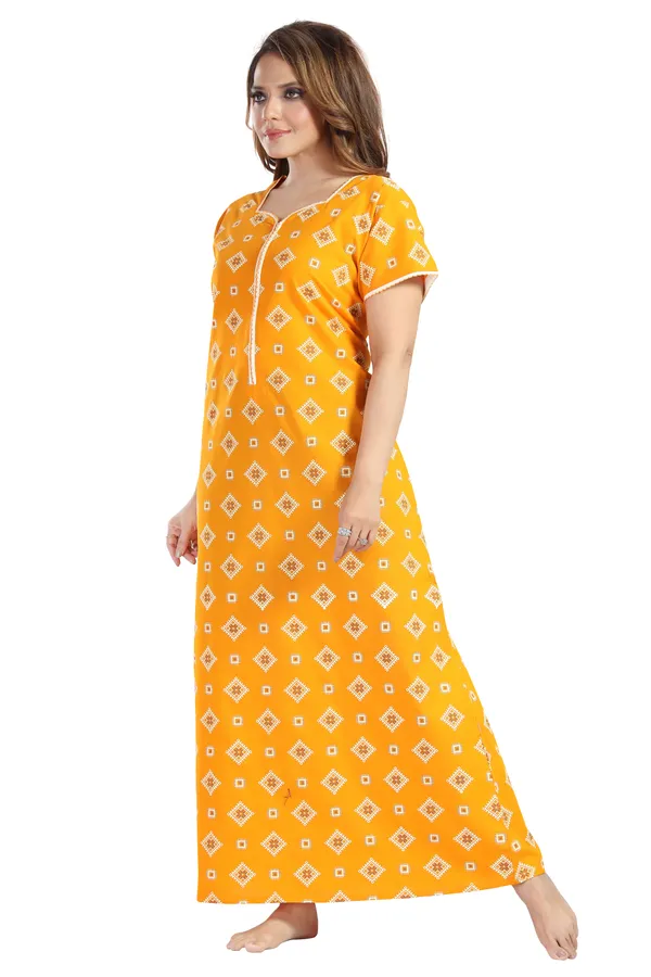 Yellow_Cotton_Square_Print_Long_Zip_Feeding_Regular_Nighty_For_Women