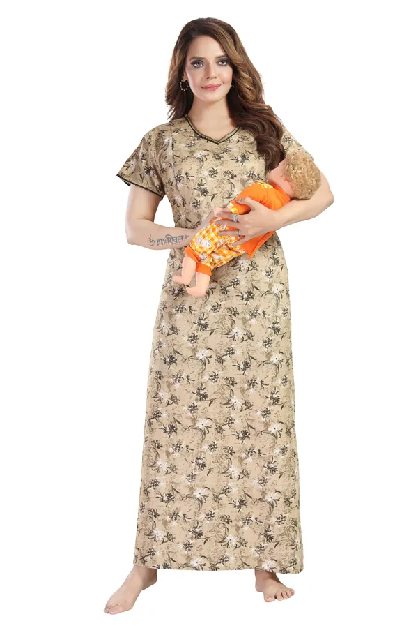 Brown_Cotton_Square_Print_Invisible_Zip_Feeding_Regular_Nighty_For_Women
