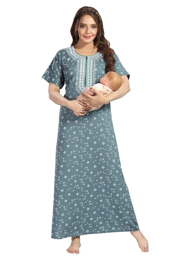Grey_Cotton_Regular_Maternity_&_Feeding_Long_Zip_Nighty_For_Women