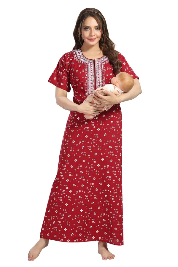 Maron_Cotton_Regular_Maternity_&_Feeding_Long_Zip_Nighty_For_Women