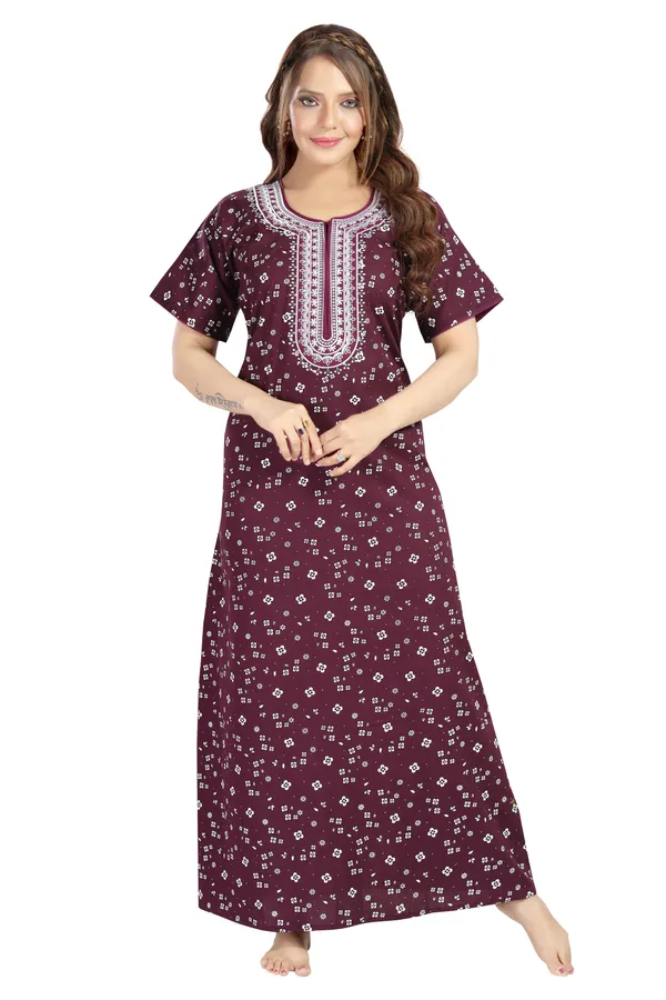Wine_Cotton_Regular_Maternity_&_Feeding_Long_Zip_Nighty_For_Women